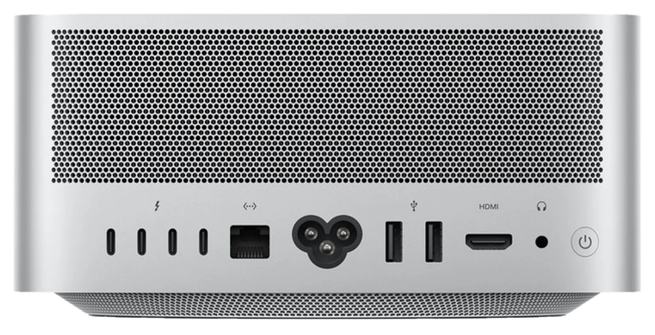 Mặt sau Mac Studio với bốn cổng Thunderbolt 5, cổng Ethernet 10Gb, USB-A, HDMI và jack tai nghe